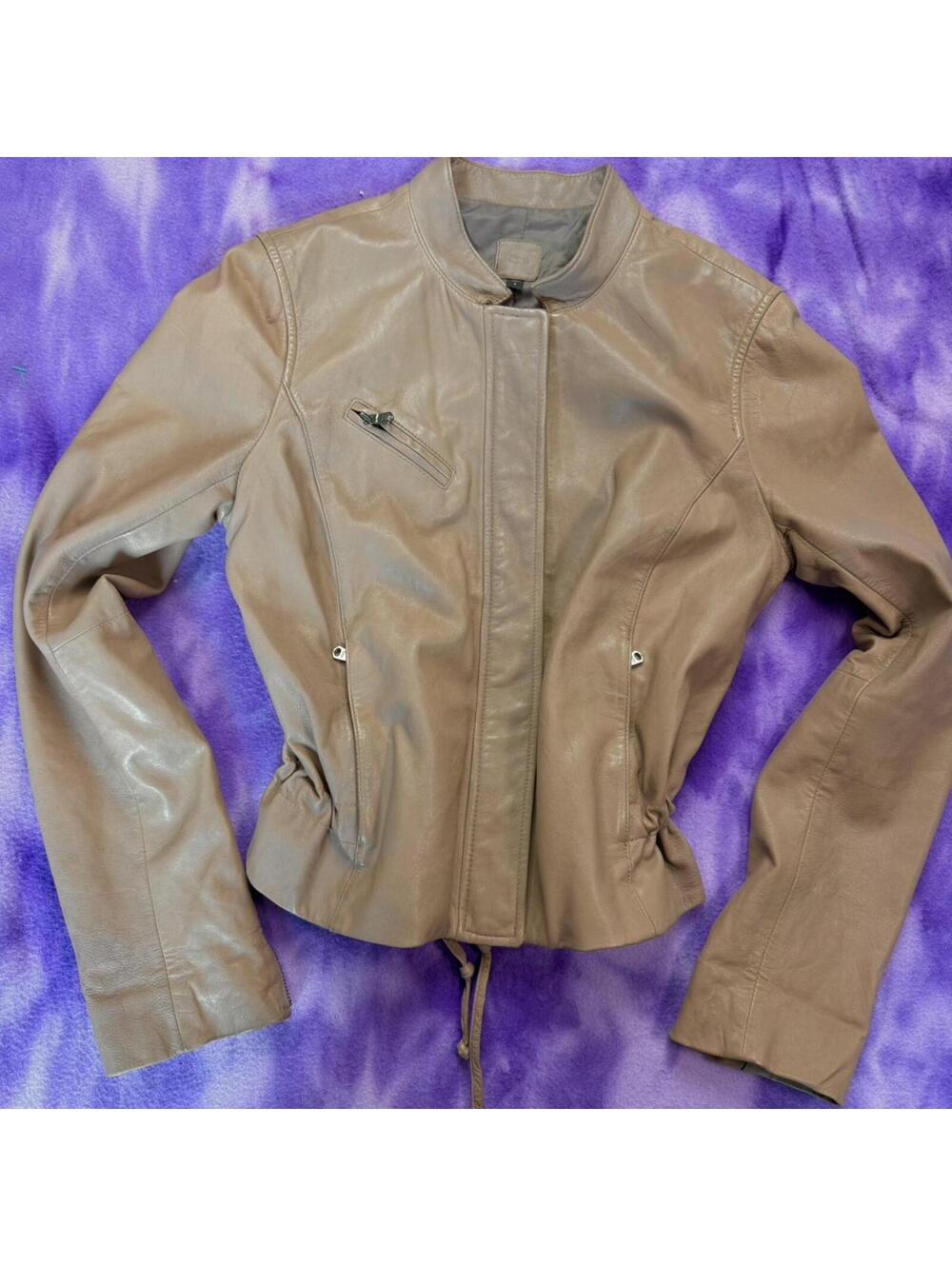 Gap vtg y2k moto tan leather jacket with gathered waist